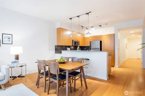 a view of a dining room with furniture