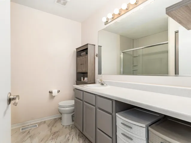 a bathroom with a sink a toilet a mirror and shower