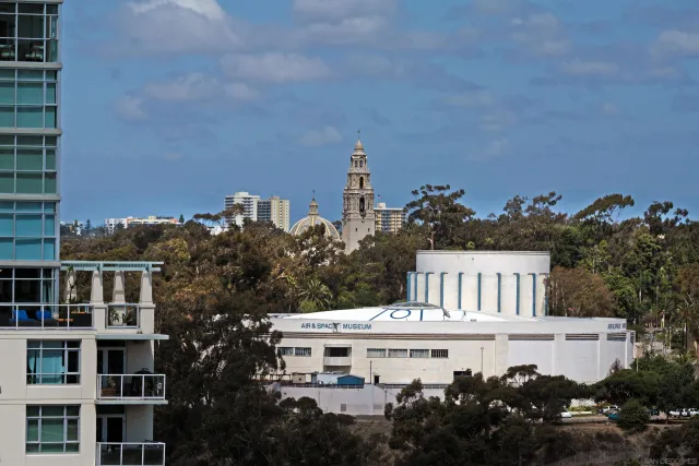 a city view with tall buildings