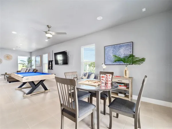 a view of a dining room with furniture