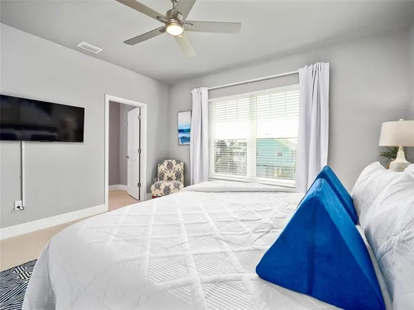 a bedroom with a bed and a flat screen tv