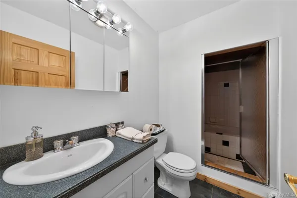 a bathroom with a granite countertop sink toilet and shower