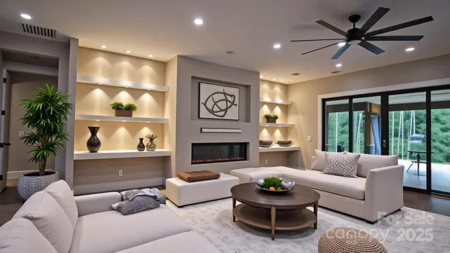 a living room with furniture potted plant and a large window