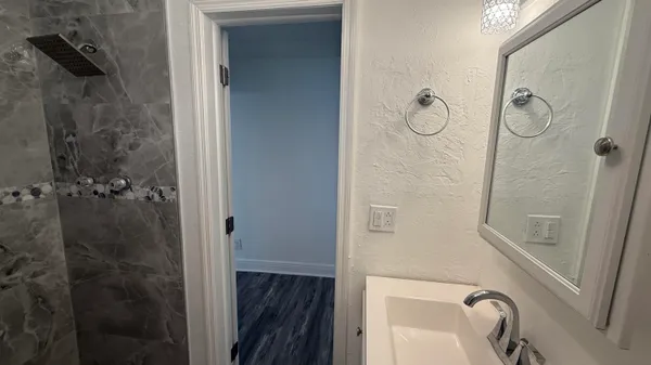 a bathroom with a sink toilet and mirror