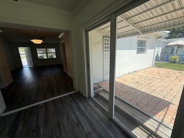 a porch with seating space