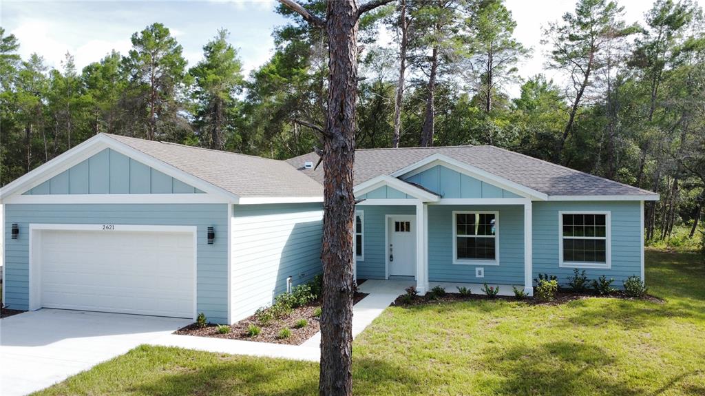 a view of a house with yard and tree in front of it