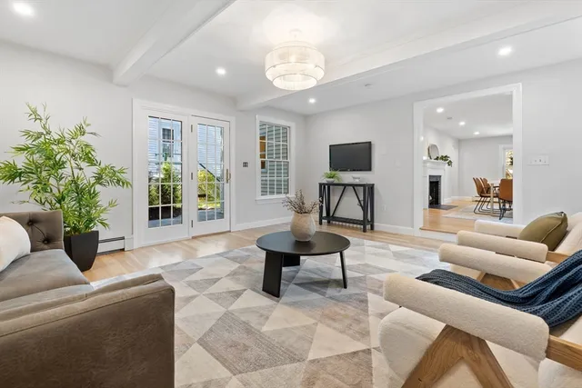 a living room with furniture and a potted plant