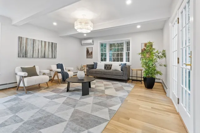 a living room with furniture and a potted plant