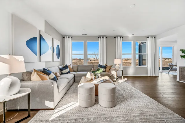 a living room with furniture a rug and a window
