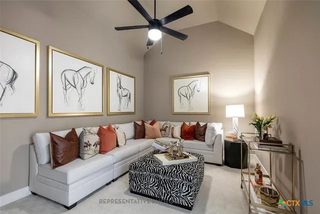 a living room with furniture ceiling fan and a rug