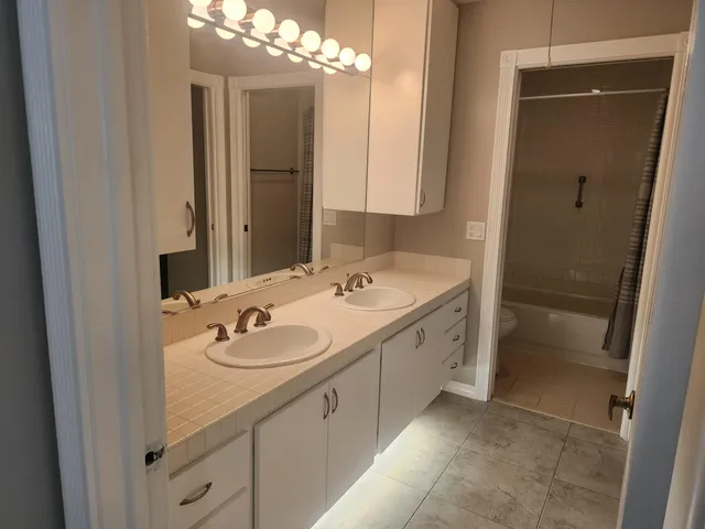 a bathroom with a sink double vanity and a mirror