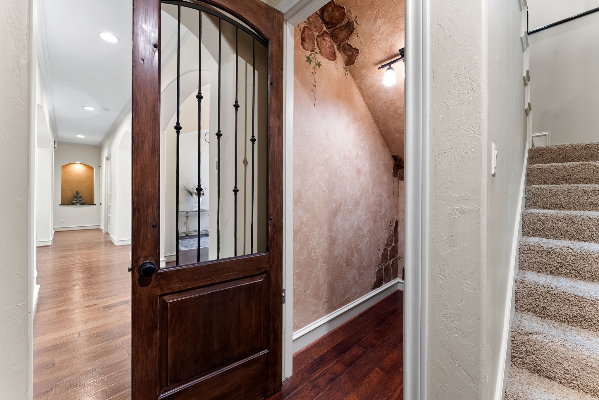 3907 Rayford Road Spring, TX 77386 - Photo 22 of 38 A creative use of space, the understair closet has been transformed into a Wine Closet with built-in storage, a custom painted wall design with a vineyard-inspired feel, and a wood door with wrought iron accents.
