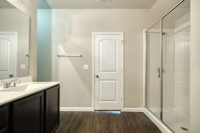 232 Voss Kyle, TX 78640 - Photo 9 of 15 Bathroom featuring a glass-enclosed shower, dark wood-finish vanity with an integrated sink, polished chrome faucet, and expansive wall mirror