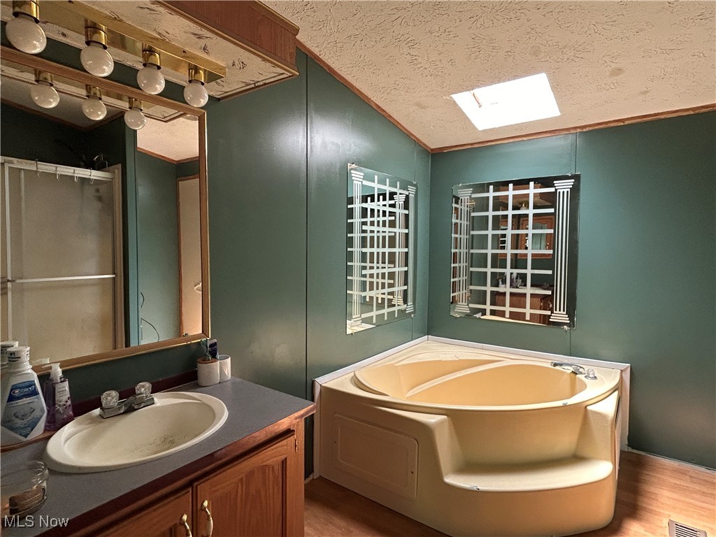 8081 Big Run Road Gambier, OH 43022 - Photo 13 of 28 Bathroom featuring a textured ceiling, a washtub, a skylight, vanity, and wood-type flooring