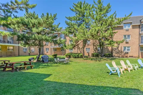 a view of a park with large trees
