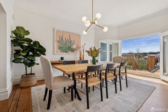 a view of a dining room with furniture window and wooden floor