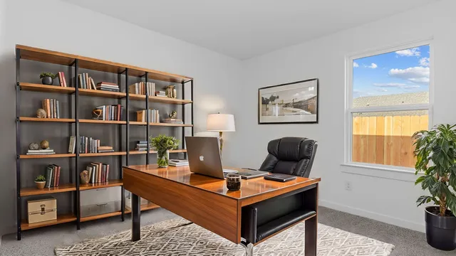 a living room with furniture and a bookshelf
