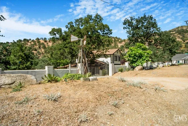 a view of small yard with large trees