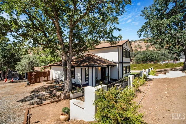 front view of a house with a patio