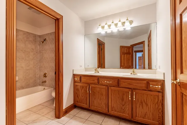 a bathroom with a tub sink and mirror