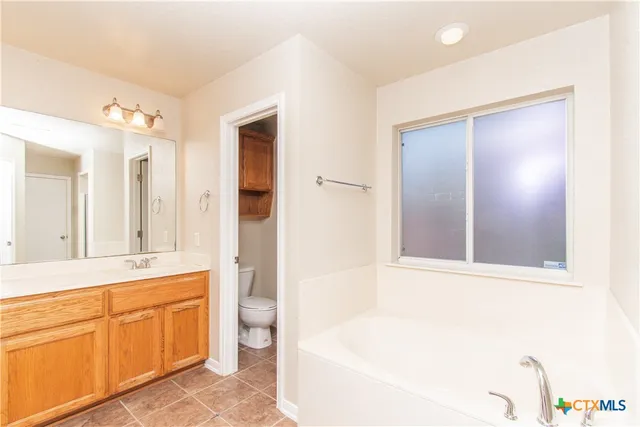 a bathroom with a tub sink and mirror