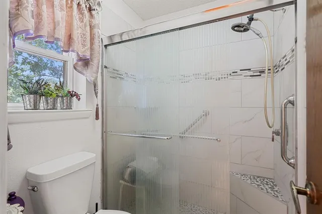 a bathroom with a shower and toilet