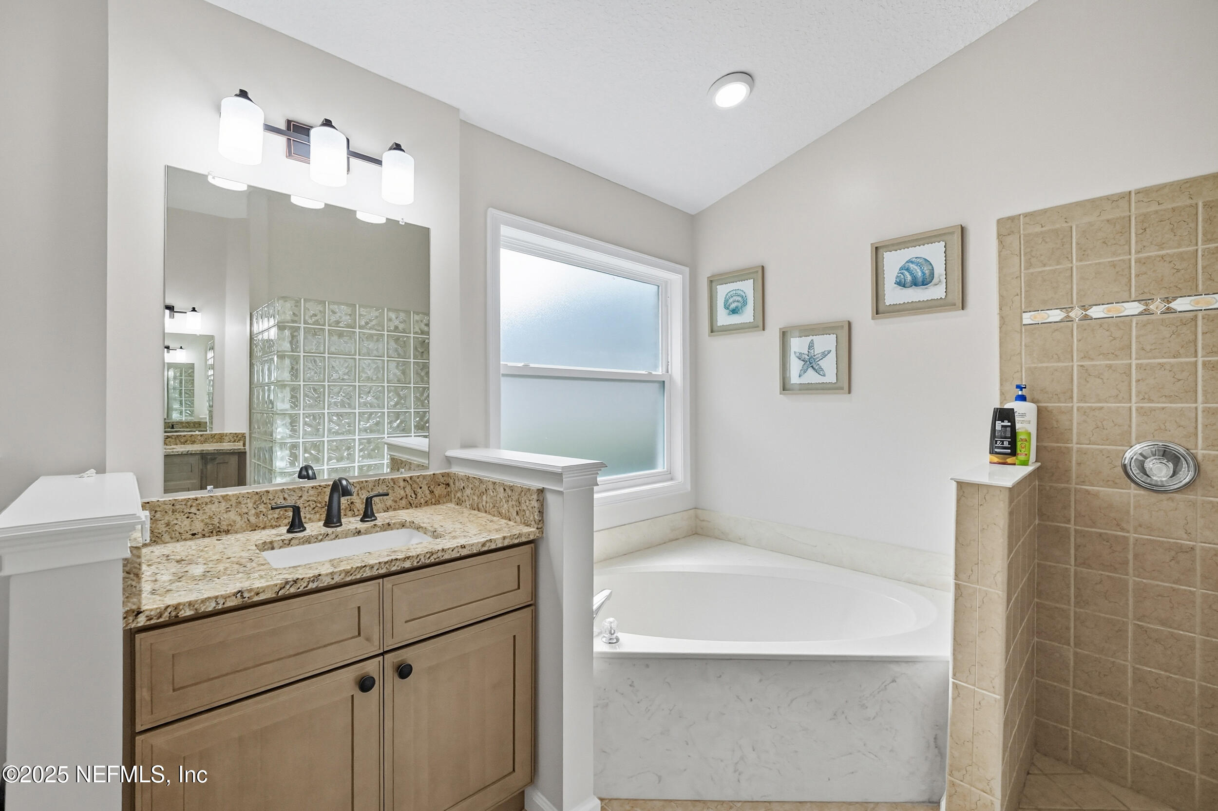 3761 Golden Reeds Lane Jacksonville, FL 32224 - Photo 18 of 40 a bathroom with a granite countertop sink a shower and a mirror