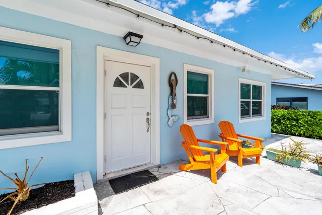 a view of a backyard with potted plants and large trees