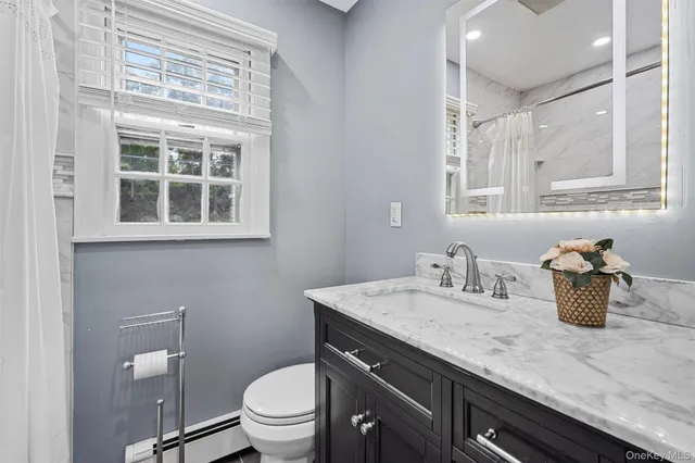 a bathroom with a granite countertop sink a toilet and a mirror