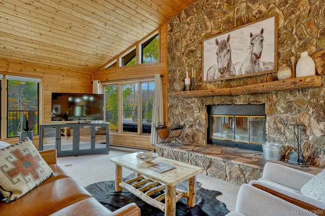 a living room with furniture a fireplace and a table