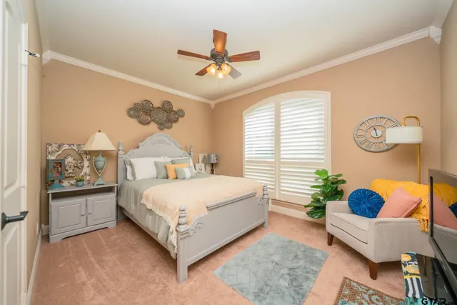 a bedroom with a bed couch and window