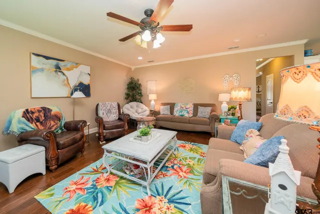 a living room with furniture and a rug
