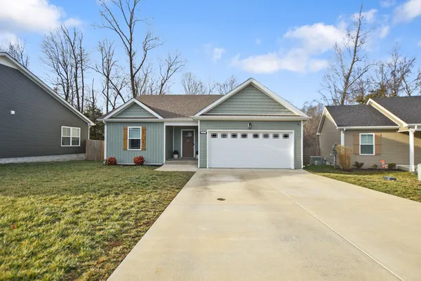 a view of a yard in front of a house with a large tree
