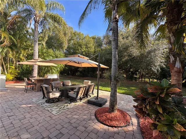 a view of a park with large trees