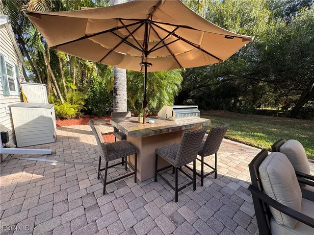 an outdoor space with furniture