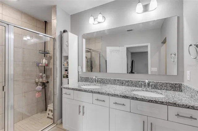a bathroom with a granite countertop sink mirror and shower