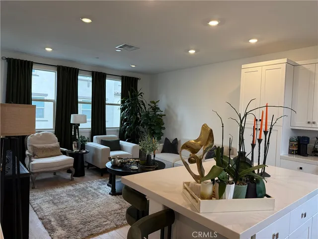 a living room with furniture potted plant with kitchen view