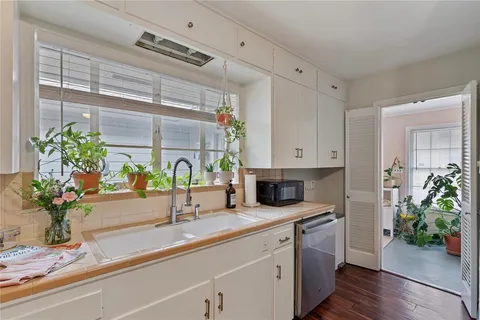 a kitchen with a potted plant on the counter