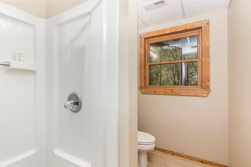 125 Waters Road Ellijay, GA 30536 - Photo 31 of 68 a bathroom with a toilet and a shower curtain