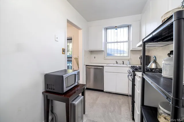 a kitchen with a sink cabinets stainless steel appliances and a window