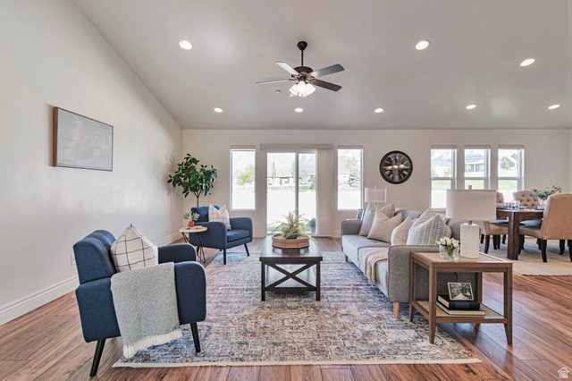 1288 North Horizon View Loop Elk Ridge, UT 84651 - Photo 5 of 40 Living area featuring wood finished floors, ceiling fan, recessed lighting, and vaulted ceiling