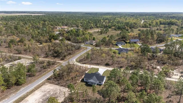 an aerial view of residential houses with outdoor space and trees