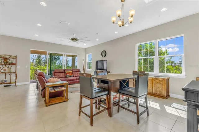 a view of a dining room with furniture window and outside view