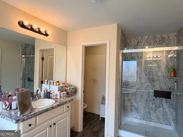 a bathroom with a granite countertop sink a mirror and shower