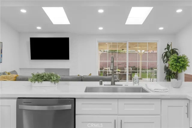 a kitchen with a sink and a potted plant