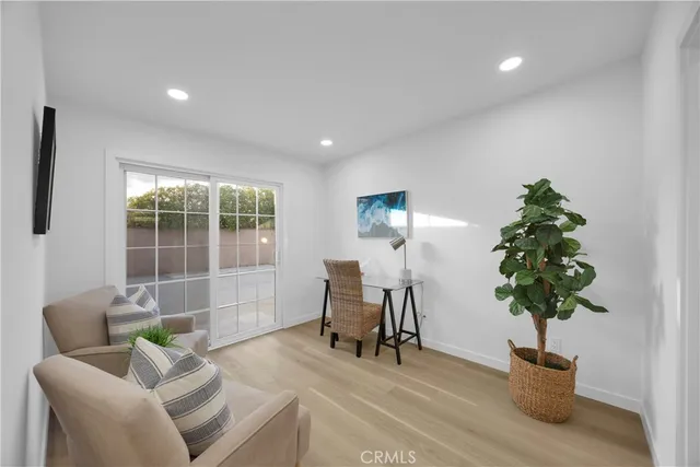 a living room with furniture a potted plant and a potted plant