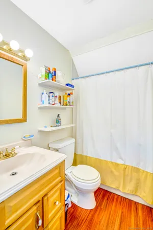 a bathroom with a sink a toilet and a shower curtain