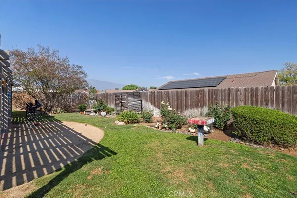 a garden view with a seating space