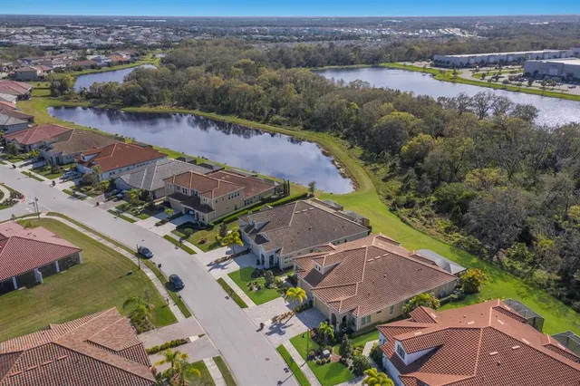 an aerial view of a house with garden space and a swimming pool