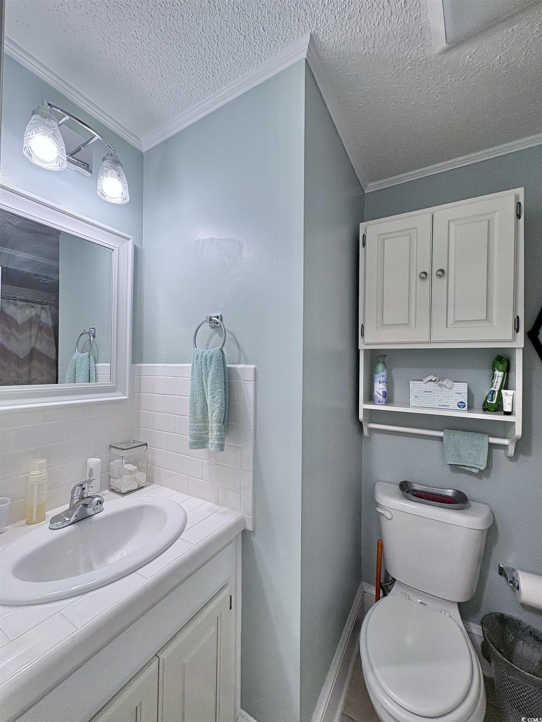 520-526 Boundary Avenue Murrells Inlet, SC 29576 - Photo 18 of 38 Bathroom featuring crown molding, vanity, a textured ceiling, and backsplash